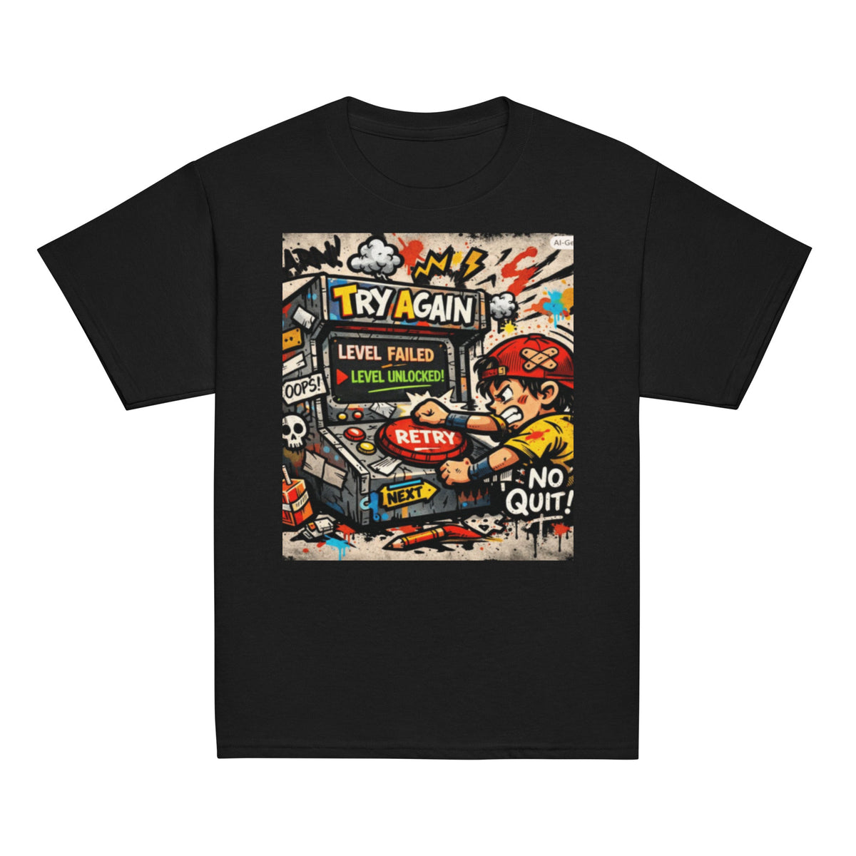 Try Again Kids Graphic Tee in black — front view