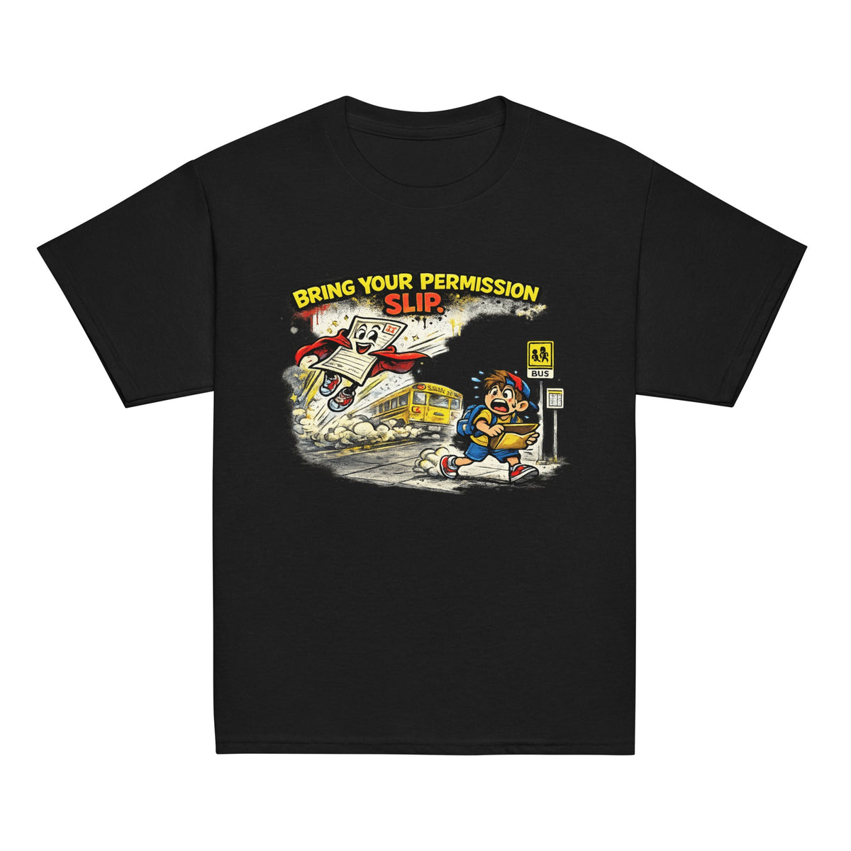 Permission Slip Kids Graphic Tee in black — front view