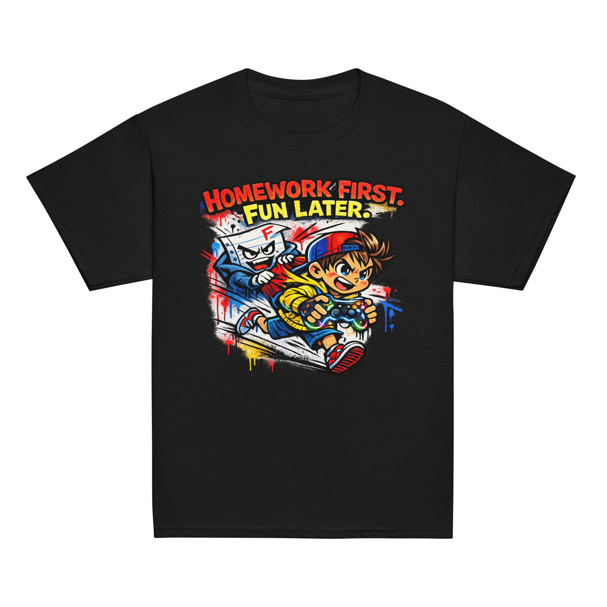 Homework First funny school kids t-shirt in black, front view