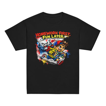 Homework First funny school kids t-shirt in black, front view