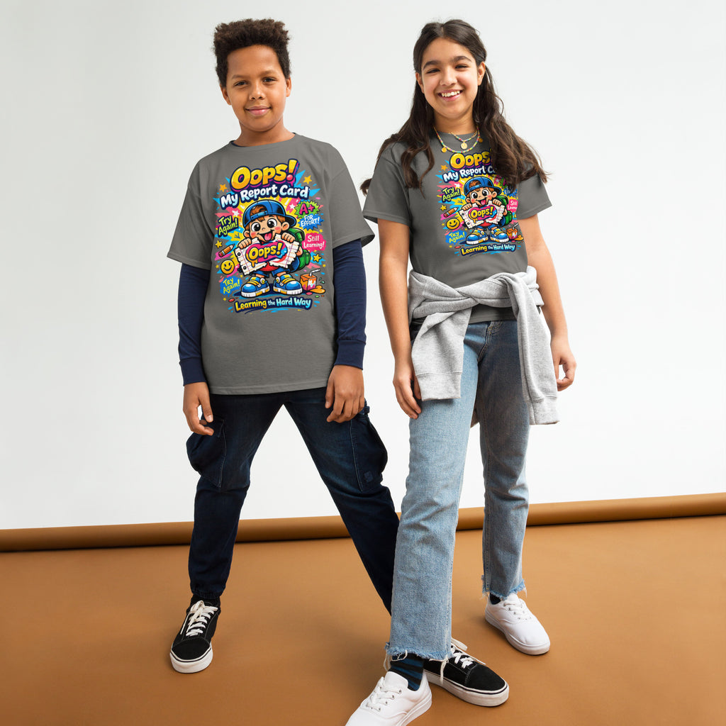 OOPS My Report Card funny school t-shirt for boys in charcoal, front view