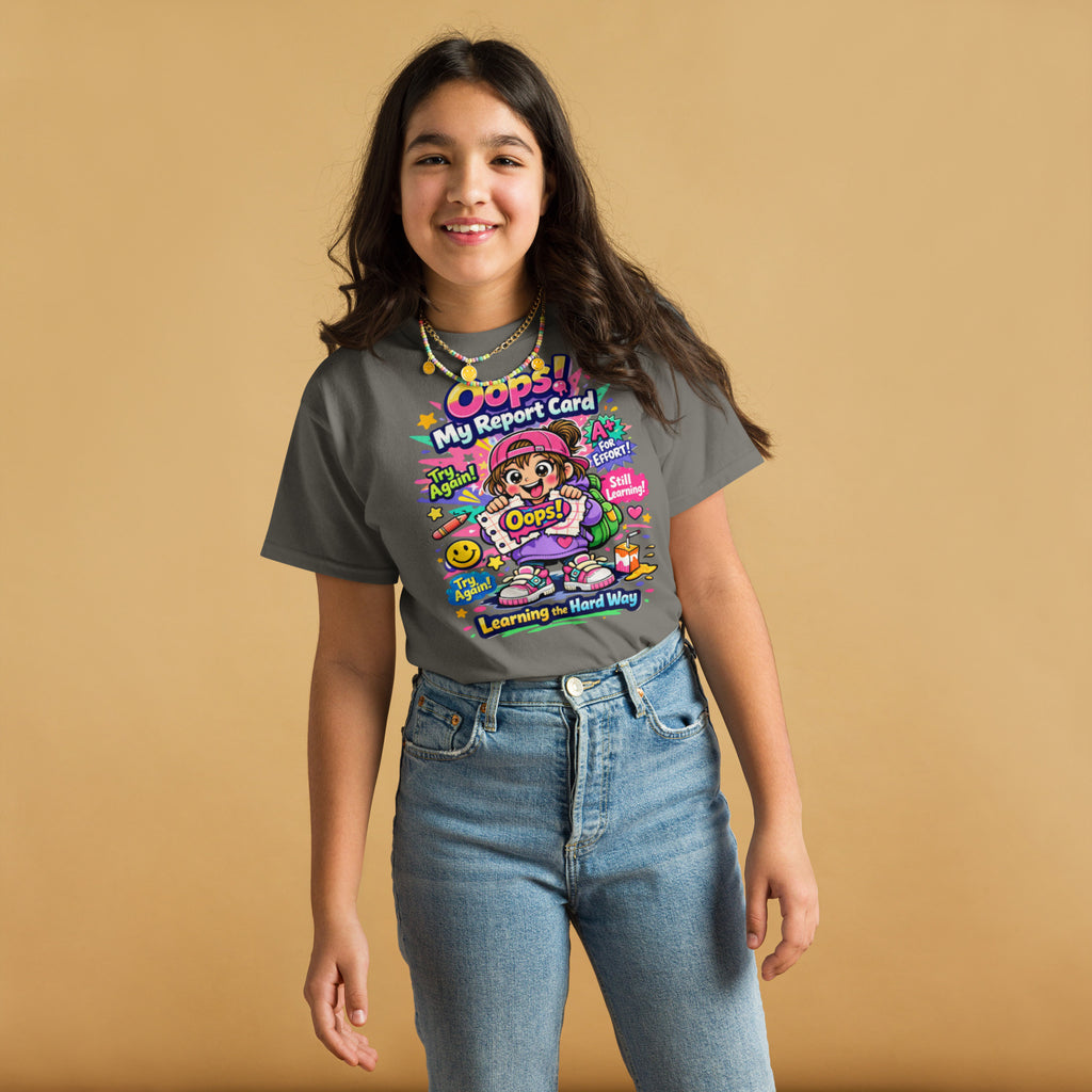 OOPS My Report Card funny school t-shirt for girls in charcoal, front view