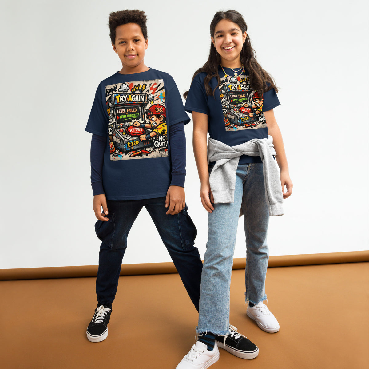 Try Again Kids Graphic Tee in navy — front view