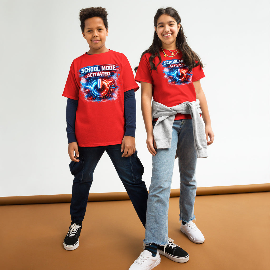 School Mode Activated Kids T-Shirt graphic tee in red — front view