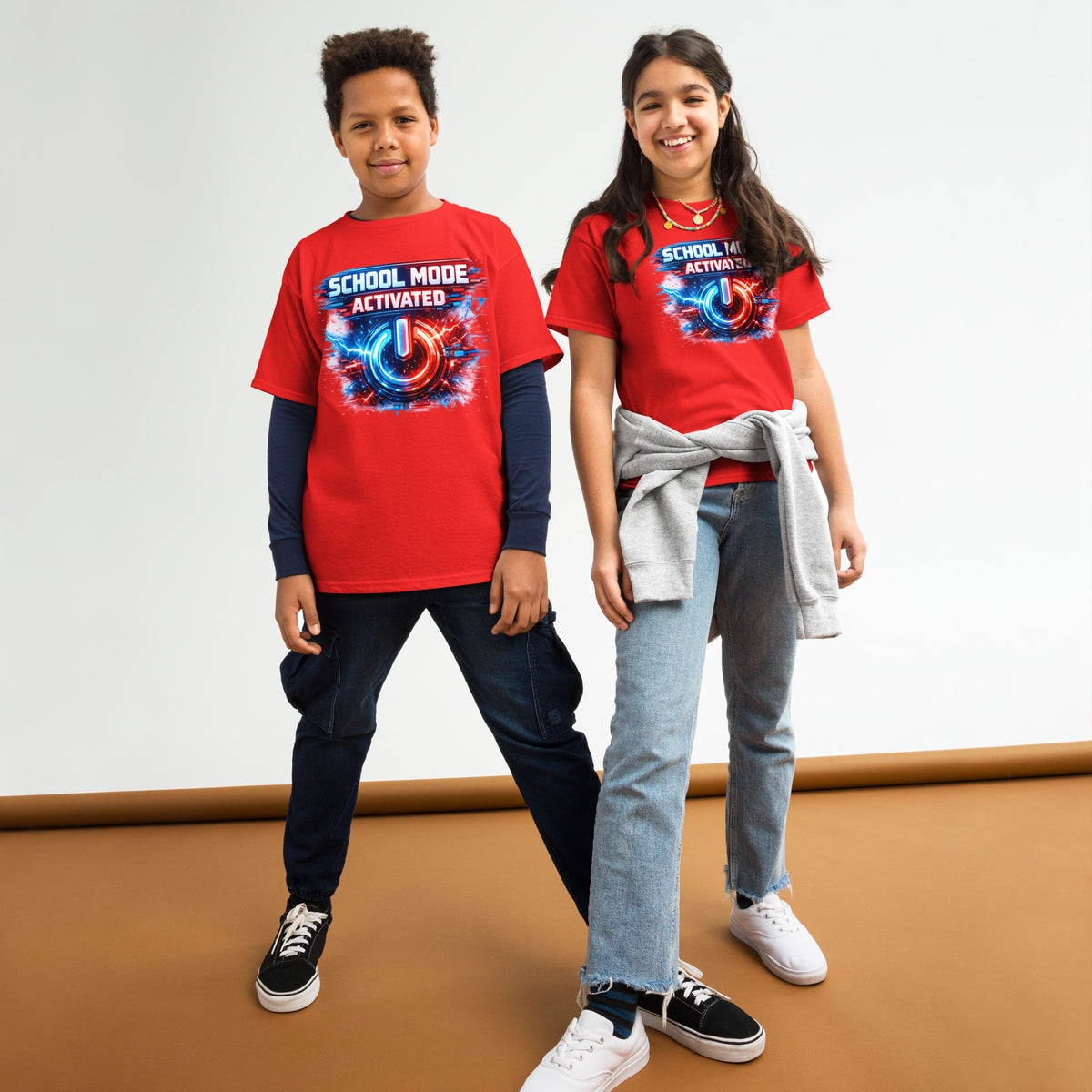 School Mode Activated Kids T-Shirt graphic tee in red — front view