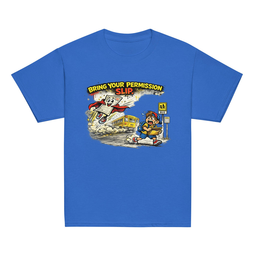 Permission Slip Kids Graphic Tee in royal — front view