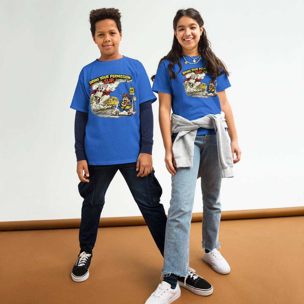 Permission Slip Kids Graphic Tee in royal — front view
