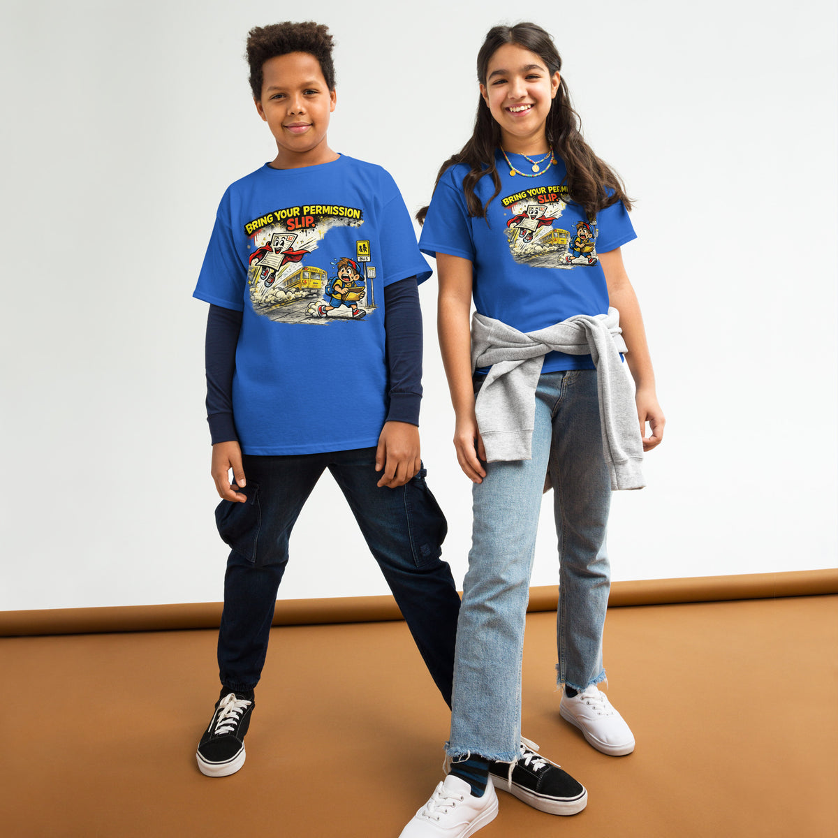 Permission Slip Kids Graphic Tee in royal — front view