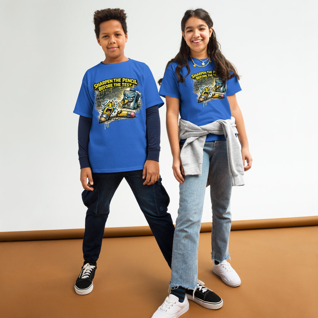 Before The Test funny back to school kids t-shirt in royal, front view, alternate photo