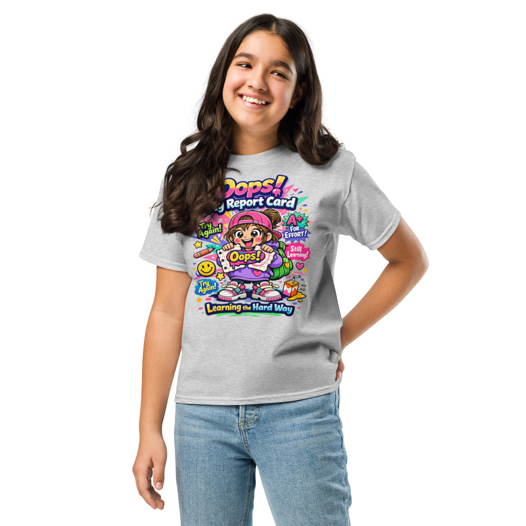 OOPS My Report Card funny school t-shirt for girls in sport grey, front view
