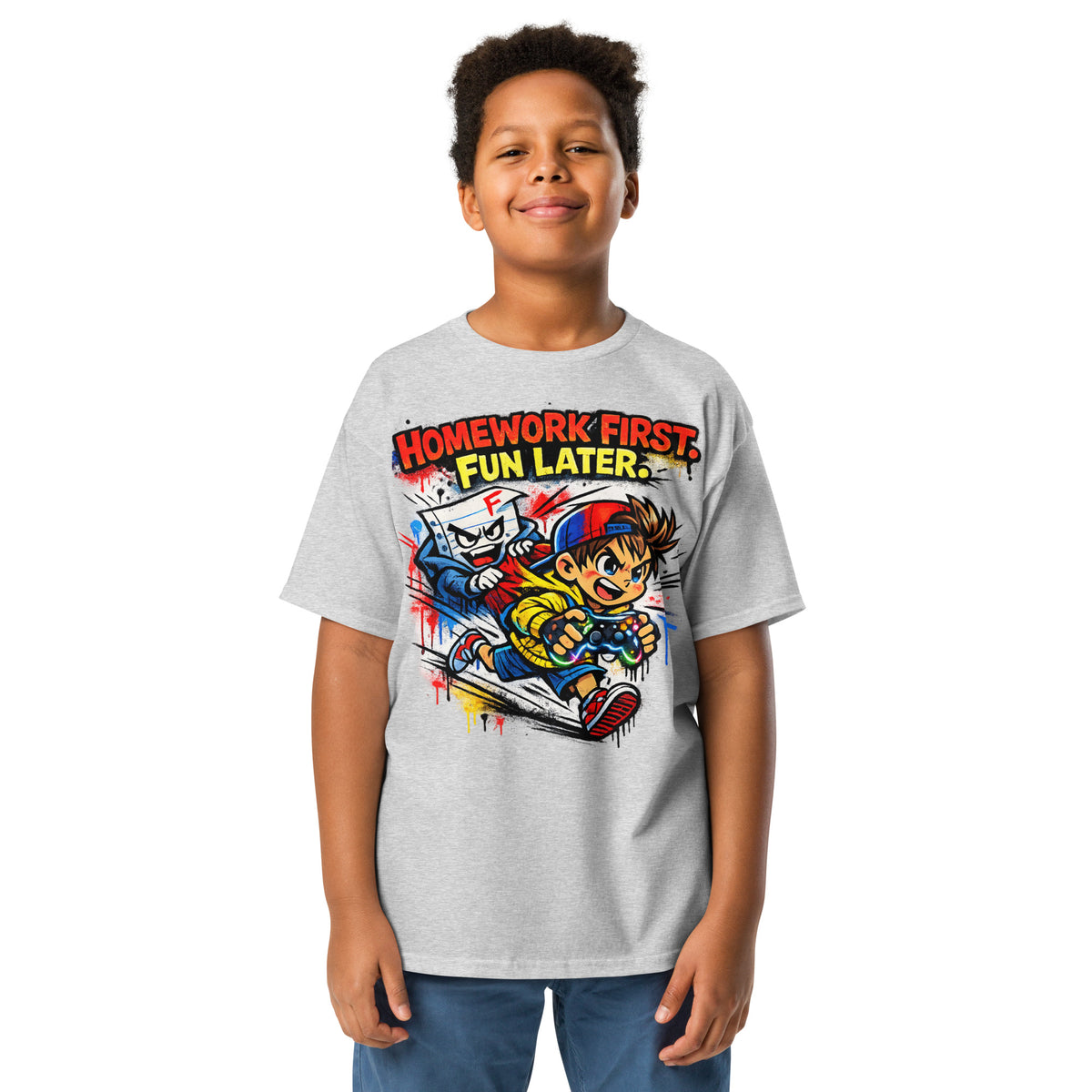 Homework First funny school kids t-shirt in sport grey, front view