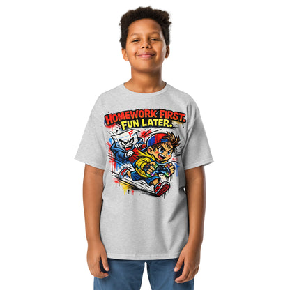 Homework First funny school kids t-shirt in sport grey, front view