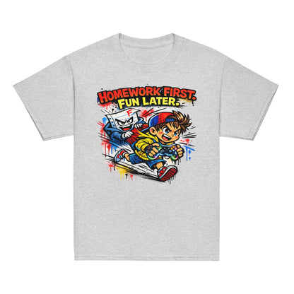 Homework First funny school kids t-shirt in sport grey