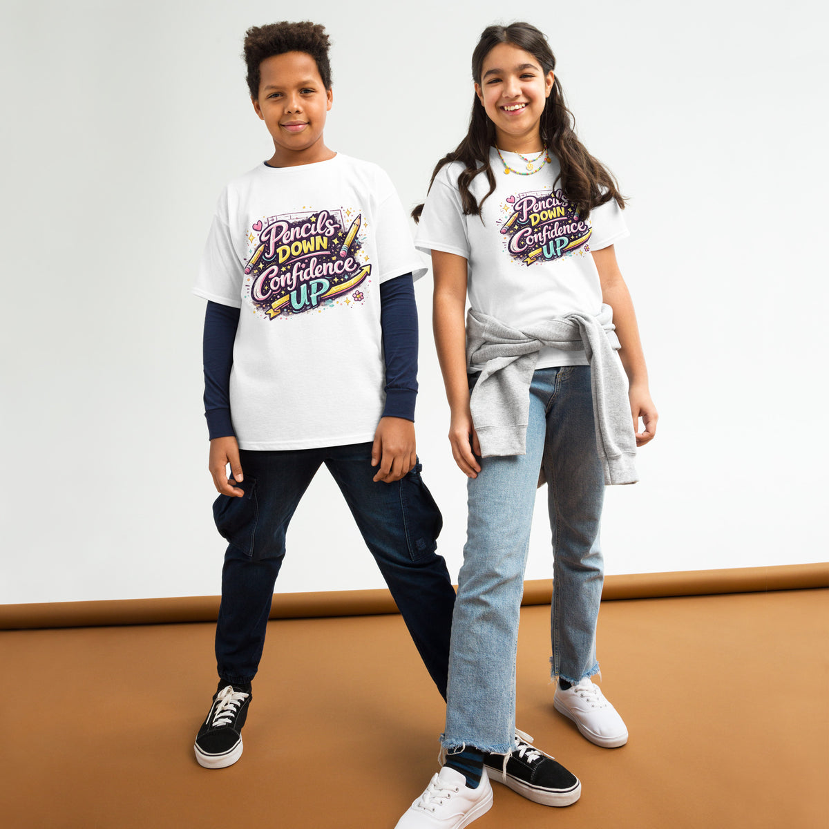 Pencils Down Confidence Up Kids T-Shirt graphic tee in white — front view