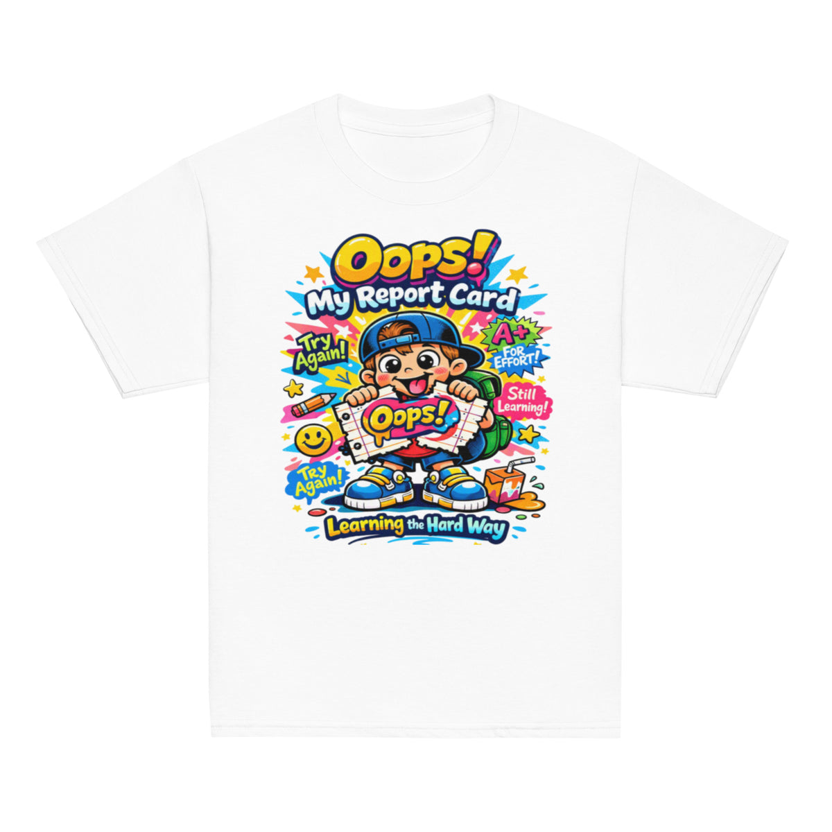 OOPS My Report Card funny school t-shirt for boys in white, front view