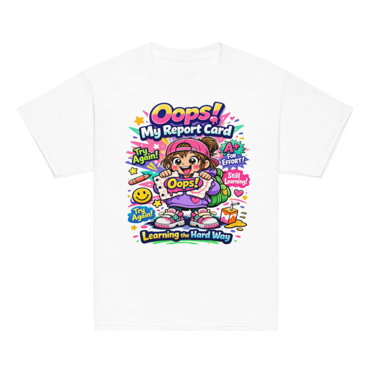 OOPS My Report Card funny school t-shirt for girls in white, front view