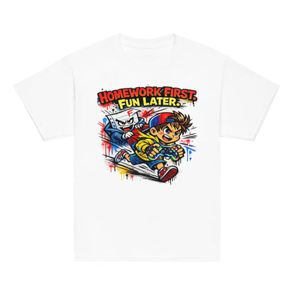 Homework First funny school kids t-shirt in white