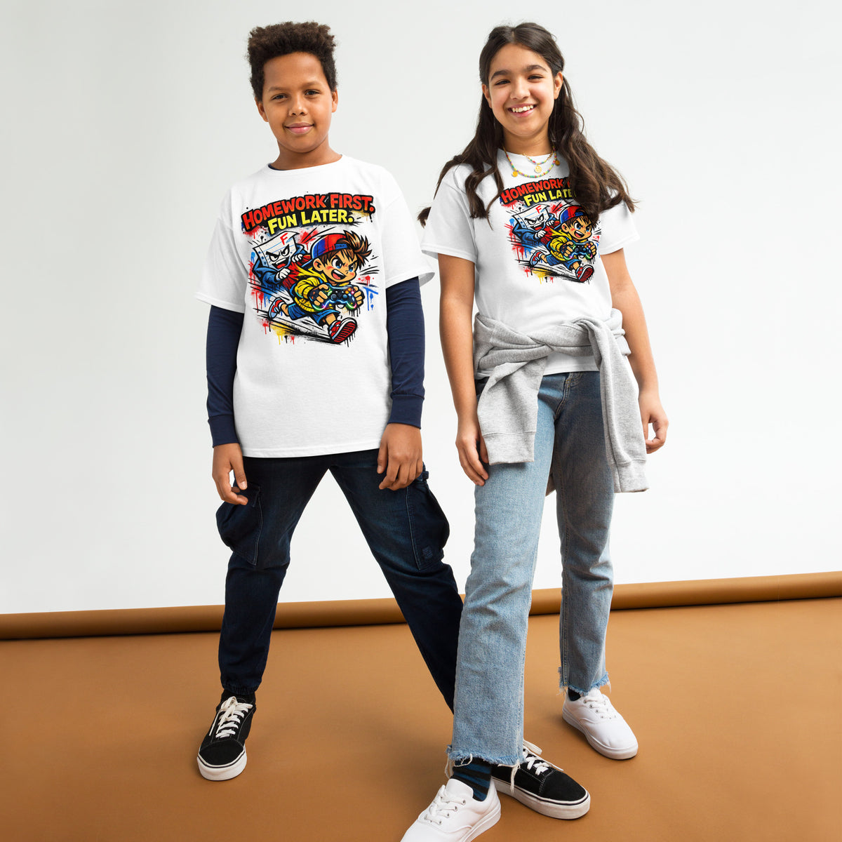 Homework First funny school kids t-shirt in white, front view, alternate photo
