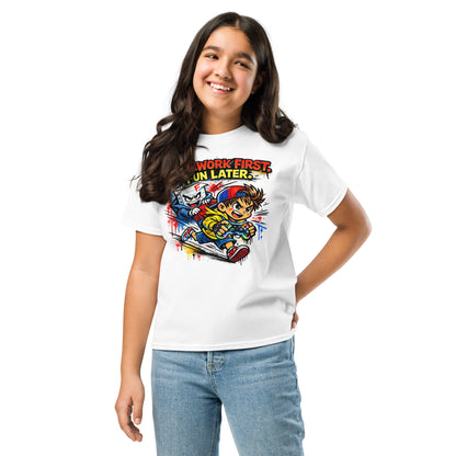 Homework First funny school kids t-shirt in white, front view