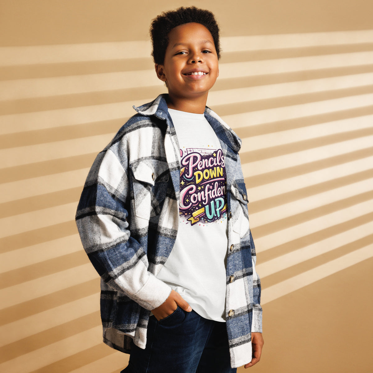 Pencils Down Confidence Up Kids graphic t-shirt in white