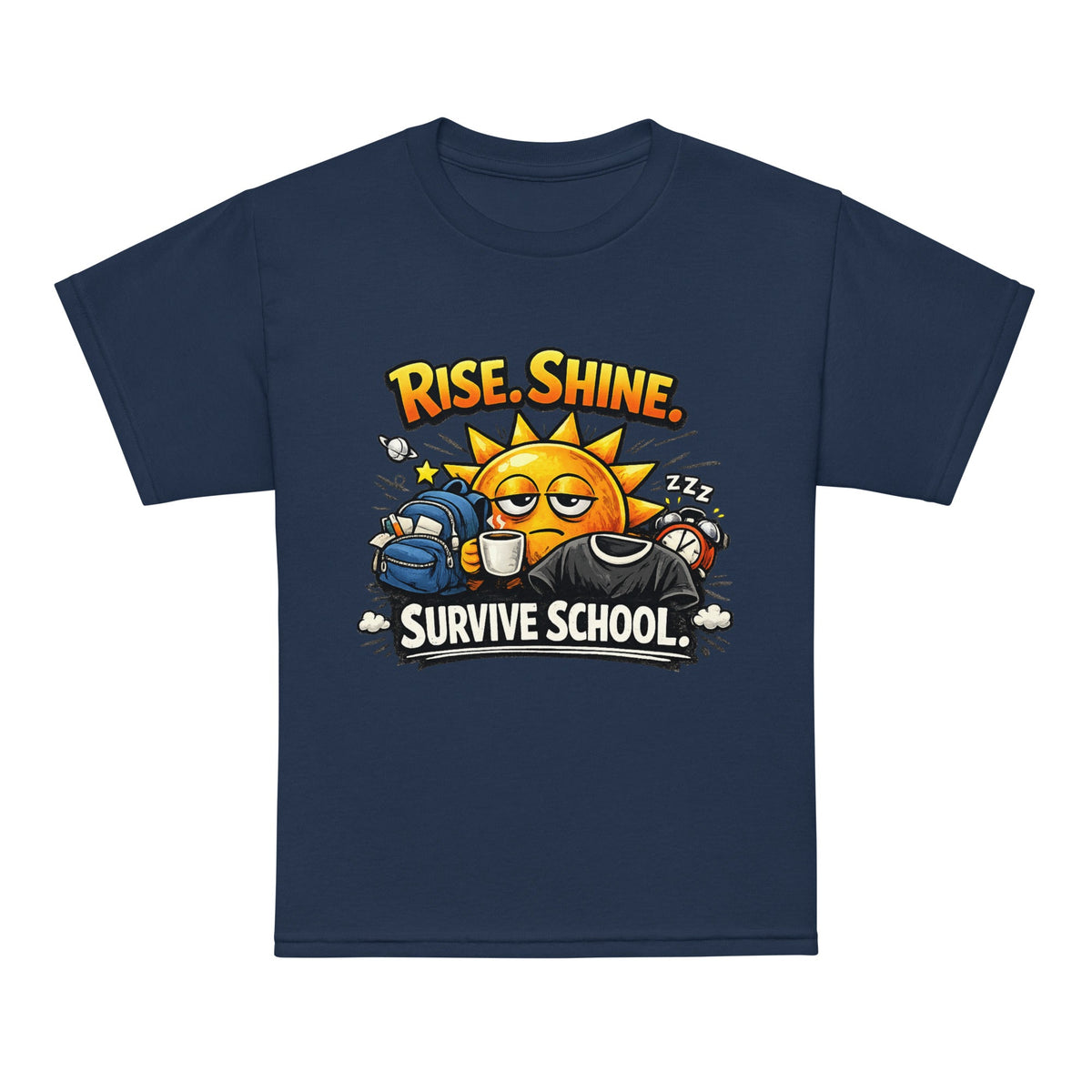 Rise Shine Survive School Kids T-Shirt graphic tee in navy — front view