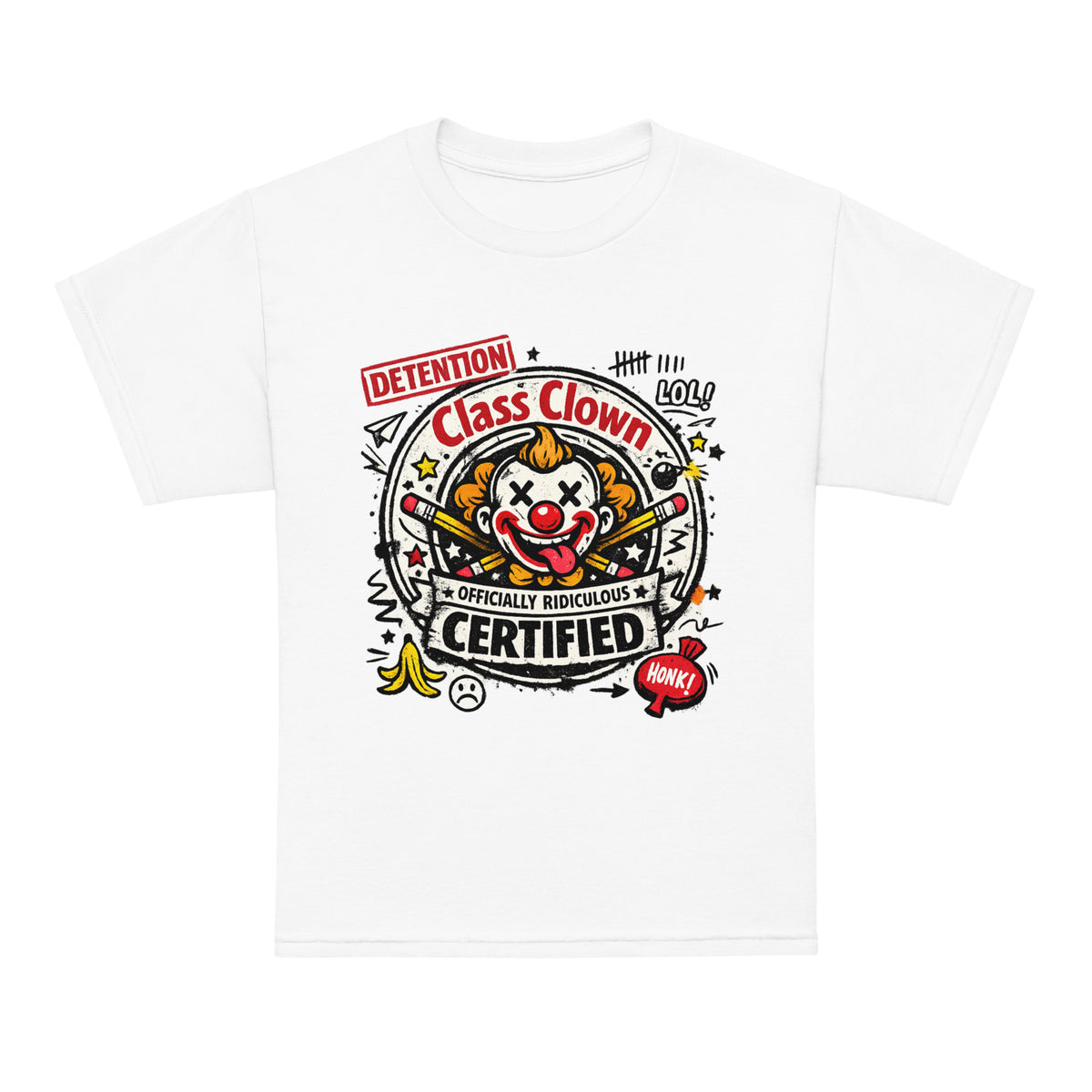 Class Clown Certified funny kids t-shirt in white, front view