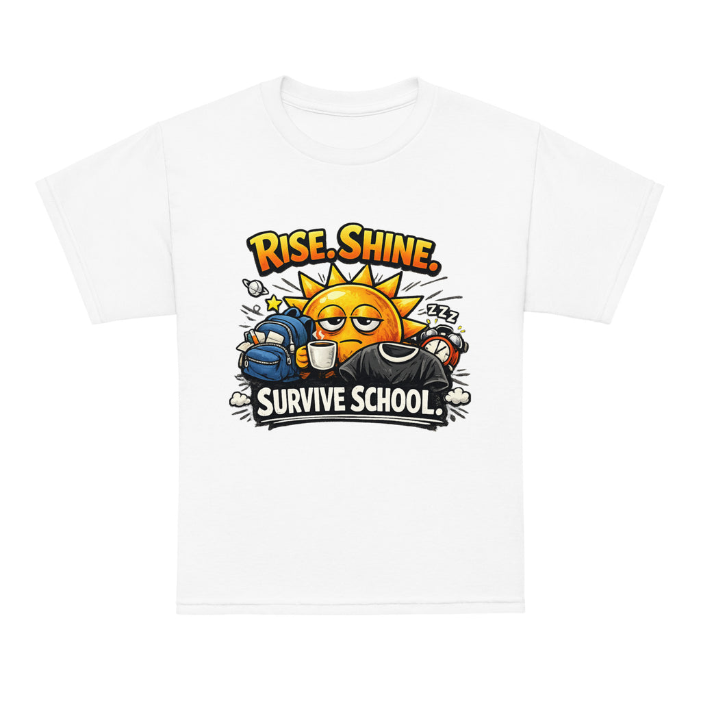 Rise Shine Survive School Kids funny back to school kids graphic t-shirt in white